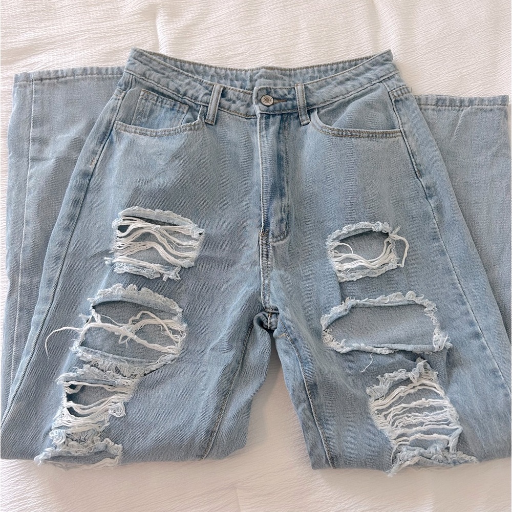 SHEIN light blue denim wash distressed high waisted boyfriend jeans